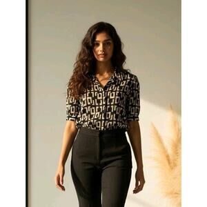 Batia Geo Print Tan Black Button Front Balloon Sleeve NEW YORK LARGE colorblock